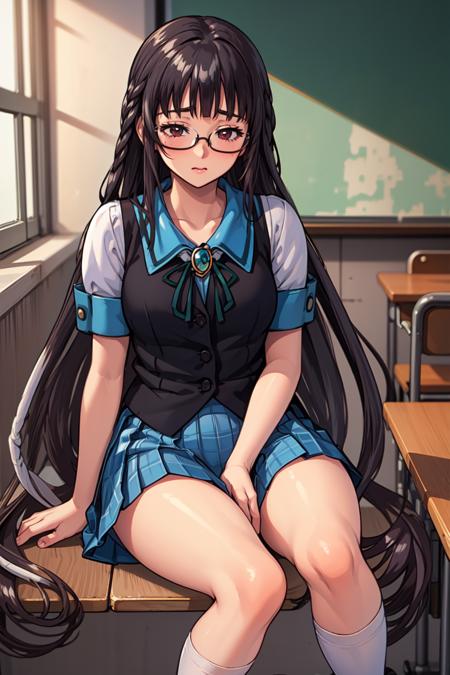 masterpiece, best quality, 1girl, <lora:Sakajo_Hikaru_v7:0.9>, classroom, sitting, shy, embarrassed, black hair, green ribbon, brooch, red eyes, blunt bangs, sailor collar, black vest, blue skirt, white socks, kneehighs, black loafers, glasses, (very long hair:1.5), twin braids, blue sleeve ends,