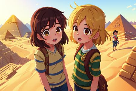 (best quality, high quality:1.3), cg, dramatic lighting, highly detailed, bokeh, 2girls, 1boy, height difference, tourists, Egypt pyramids, desert adventure, close up from above