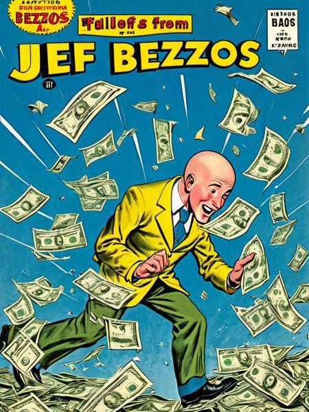 <lora:W<lora:Wiz-VintageComicBookCover_v01:1.4>,  Vintage comic book cover fillustration of bald Jeff  Bezzos, money raining from the sky