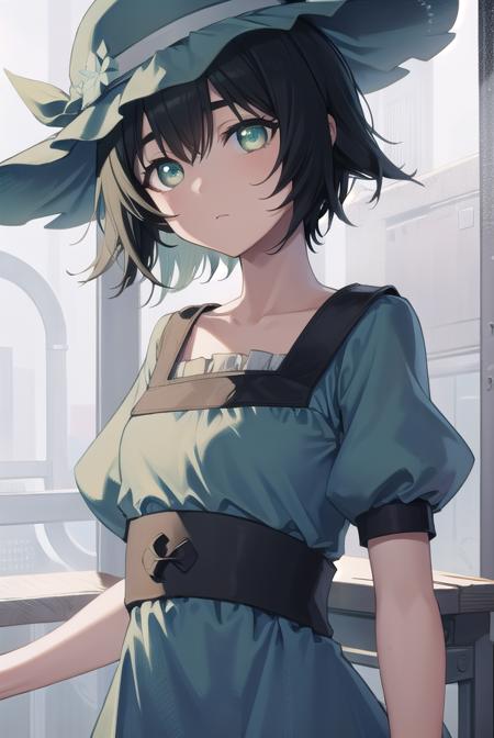 mayurishiina, <lora:mayuritest:1>,
mayuri shiina, (black hair:1.5), (green eyes:1.5), messy hair, short hair, hat, blue hat,
BREAK (blue dress:1.5), collarbone, dress, puffy short sleeves, puffy sleeves, short sleeves,,
BREAK looking at viewer,
BREAK indoors, lab,
BREAK <lora:GoodHands-vanilla:1>, (masterpiece:1.2), best quality, high resolution, unity 8k wallpaper, (illustration:0.8), (beautiful detailed eyes:1.6), extremely detailed face, perfect lighting, extremely detailed CG, (perfect hands, perfect anatomy),