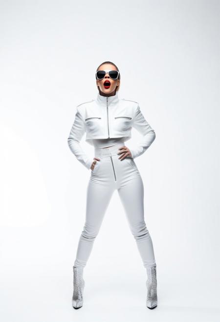 female pop singer, clean white background, extravagant modern white clothes, unusual pose, shades, mouth slightly open