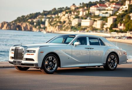 Luxury, elegant four-door sedan car with smooth lines, large wheels, distinctive front grille, and sleek retrofuturistic body design in side view, elongated body profile, prominent wheel arches in the style of the 30s of the 20th century, аrched roof line. On the French riviera.