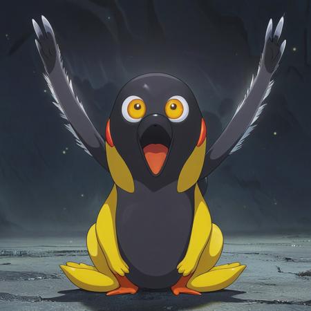alienworld, psyduck, pokemon \(creature\), no humans, solo, alien extraterrestrial background, standing, full body, hands on own head, animal focus, bird, duck, black eyes, silver, alien feathers, looking at viewer, closed mouth, arms up.