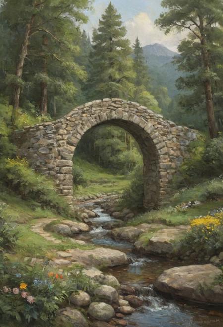 oil painting, Image depicts a rustic stone arch bridge set in a lush, forested landscape. The bridge, constructed from irregularly shaped stones, spans a small, rocky stream below. The arch of the bridge is prominent, with a slightly weathered appearance, indicating age and historical significance. Surrounding the bridge, there is dense greenery, including tall pine trees and various shrubs, contributing to the serene and natural ambiance. The ground is uneven, with patches of brightly coloured spring flowers. The overall scene is tranquil, with the bridge serving as a focal point amidst the verdant forest setting.