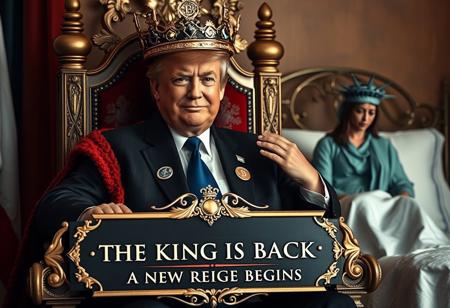 Donald Trump as the King of the USA: Donald Trump sits on a grand throne, crowned as the “King of the USA.” His crown is adorned with cryptocurrency symbols (Bitcoin, Ethereum, Dogecoin) instead of traditional jewels. His expression is fierce and triumphant, with a confident smirk that exudes power.
Tagline Displayed on a Luxury Sign: In the lower portion of the image, an elegant, ornate sign reads: “The King is Back: A New Reign Begins.” The sign is styled with metallic gold or silver accents, adding a touch of regal luxury that complements Trump’s powerful image.
Kamala Harris in the Background: In the background, Kamala Harris is shown in a defeated position, seated on a bed with a deeply sad, almost heartbroken expression. Her face reflects sorrow and despair, her gaze downward as she processes the moment. A small Statue of Liberty figure beside her offers support, placing a comforting hand on her shoulder, symbolizing a faint glimmer of hope amidst her sadness.
Visual Details: Shot with Panavision Cine Prime lenses, with expert color correction for a vivid docufiction style. The rich colors and textures enhance the cinematic effect, highlighting Trump’s dominance while drawing attention to Harris’s emotional vulnerability and the symbolic role of the Statue of Liberty. The luxury sign with the tagline adds a sophisticated, dramatic touch to the image’s lower section.