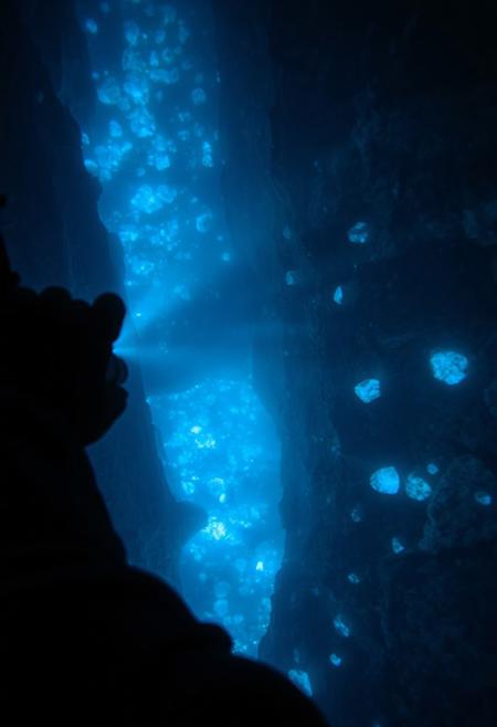 4K First-Person Abyss Dive: A diver's gloved hand grips a ledge, flashlight beam shaking as it reveals bioluminescent stones (20+) embedded in a sheer chasm face, their blue pulses illuminating the endless drop - when suddenly the deepest stones vanish, extinction racing upward (2 stones/sec) until the flashlight spasms, hydrophone distortion warps the audio, and the lens implodes into BLACK."**