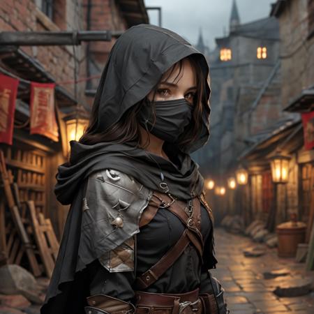 <lora:RPGBandit:1> bandit, 1girl, solo, weapon, mask, knife, cloak, long hair, looking at viewer, brown hair, upper body, hood, blurry, lips, blurry background,  cloak, ((medieval alley)), ((night))