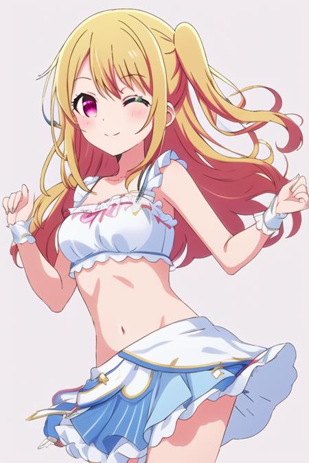 <lora:ruby_oshinoko:0.8>ruby_oshinoko,blonde_hair, bangs, long_hair, 
<lora:LLChar_loveLiveSchoolIdol_v208:0.3>LLChar,
masterpiece, best quality,
<lora:GoToParadise:0.8>GoToParadise,crop top,frills, skirt, simple background,