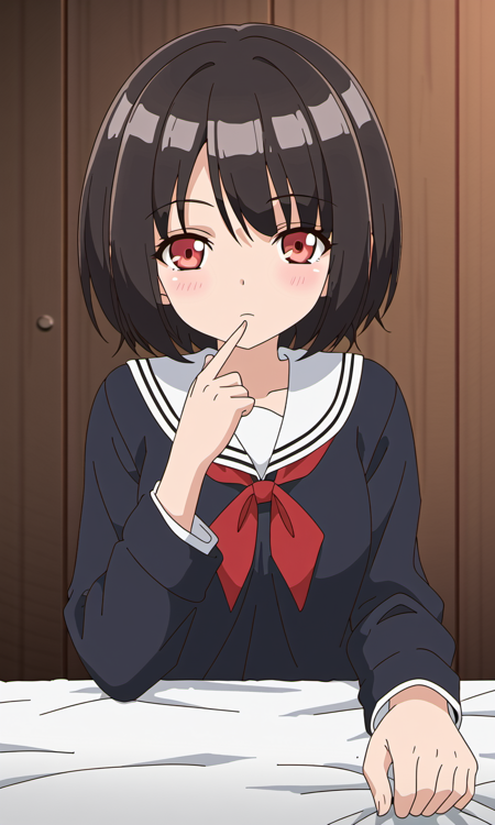 m1yuTE, black hair, short hair, red eyes