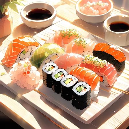 food, food focus, still life, sunlight, sushi, table, <lora:colorfulfood-v10:1>