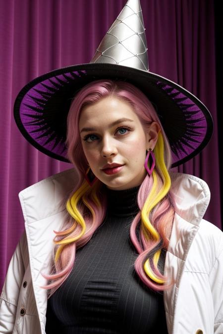 score_9, score_8_up, score_7_up , 1female, 27 years old, solo, close-up portrait, blush, happy, blue eyes, beautiful, mature female, blonde hair 
,purple hair, realistic, circlet, necklace, earrings, diabellze, multicolored hair, witch hat, white coat, white bodysuit, multiple belts, extra decorations, cyberpunk, neon room