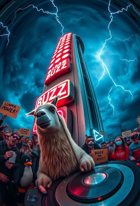 Captured with a cinema-grade 12mm fisheye lens, the surreal scene unfolds around the towering “BUZZ MONOLITH”, curving into the clouds. Its neon buttons—“GIMME,” “BUZZ,” and “OVERLOAD”—bulge outward, glowing intensely as crackling lightning arcs illuminate the moody dusk sky. The lens’s distortion emphasizes the machine’s absurd, larger-than-life scale.
At its base, a llama with sweat-matted fur struggles to push a tractor-tire-sized coin toward the oversized slot. Its determined expression, bulging eyes, and trembling legs are captured in vivid detail. Around it, a chaotic crowd of humans and anthropomorphic animals cheer wildly, their signs—“LLAMA POWER!” and “BUZZ OR BUST!”—warping with the lens’s curvature. Nearby, a penguin DJ spins on a metallic turntable, neon lights reflecting off its glossy surface.
Above, a sly tabby cat in a cyberpunk trench coat and glowing VR goggles scales the monolith, a grappling hook in tow. Its neon-lit goggles glow sharply as it approaches the flickering sign “FEED ME YOUR BUZZ,” warped into an ominous curve by the lens.
The fisheye’s distortion adds drama, exaggerating the scale of the machine and the chaos of the crowd. From the rain-slicked ground to the vibrant neon reflections, every detail pops in this cinematic snapshot of determination and mischief.