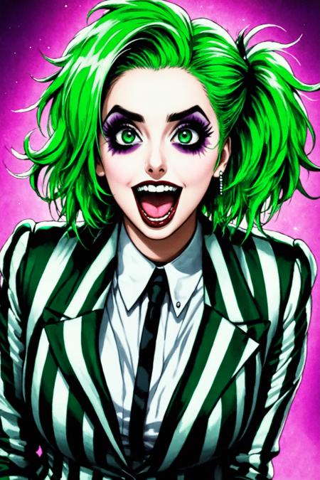 Beetlejuice Slime Tutorial,  1girl,  black eyes,  green hair,  female focus,  large breasts,  formal,  suit,  striped suit,  open mouth,  solo,  teeth, <lora:EMS-61574-EMS:0.400000>