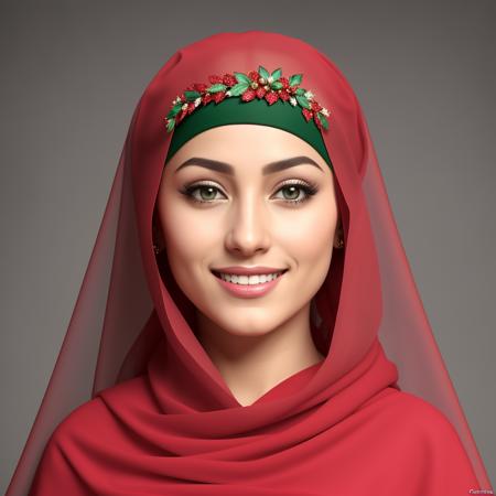 style by cartoon (center of the view) for a beautiful  smiling  Arabic female in a colors   and colors outfit with a veil on her head and a red green and red veil on her head and bird, Anthony Devas, a highly detailed style by cartoon