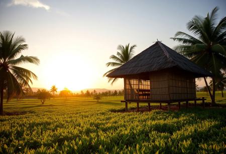 A traditional Nipa hut in the middle of a lush farm landscape, surrounded by green fields and scattered palm trees. The sun is setting on the horizon, casting golden-orange hues across the sky and warm sunlight on the nipa house and surrounding vegetation. Soft shadows stretch across the farm, with a serene, tropical ambiance. The Nipa house has a thatched roof, bamboo walls, and is elevated slightly on stilts. Peaceful and idyllic rural scene.
