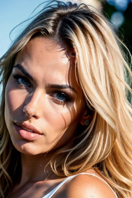 face shot of maxxineD1 , (serious look), (blonde medium length hair), (hand on chin), Photorealistic, Hyperrealistic, Hyperdetailed, analog style, hip cocked, demure, detailed skin, matte skin, soft lighting, subsurface scattering, realistic, heavy shadow, masterpiece, best quality, ultra realistic, 8k, golden ratio, Intricate, High Detail, film photography, soft focus, detailed skin texture, (blush:0.5), (goosebumps:0.5), subsurface scattering