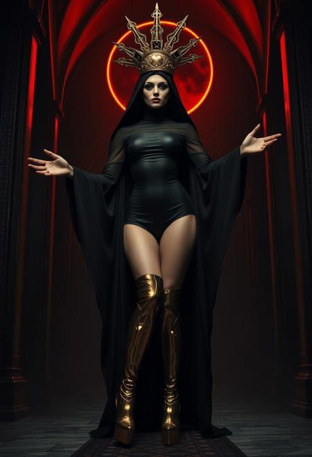 ((score_9, score_8_up, score_7_up)), (((character design, sci-fi warrior women, feminine power, perfect anatomy))), 
An enigmatic figure of a (satanic)nun(caucasian), her (dark habit_catsuit covers all her skin), conducting a sensual satanic ritual inside a dark cathedral during night under a red eclipse. Her (eyeless)mask, elaborate crown, (fully)conceals her identity, adding to her mystique and allure. gold stiletto platform thigh boots, big breasts, tiny waist, flat abs, naughty, looking at viewer, seducing with her body, dancing towards viewer with her arms posing, sexy ass seductive wide hips, butt cheeks, twerk, huge perky breasts, in the style of a vintage, high-contrast setting. Emphasize theatrical elements with extreme opposition of bright colors against dark, moody backgrounds, under a dark red sky
,big butt, booty, bubble butt,