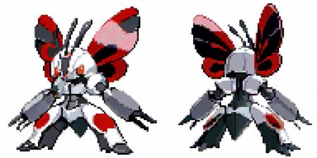 butterfly wearing a knight helmet red eyes steeltype bugtype white background front and back pokemon