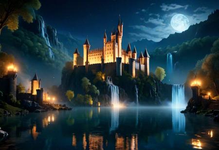 score_9, score_8_up, score_7_up, score_6_up, score_5_up, score_4_up, high resolution, night, castle surrounding by mystical lake, amazing water fall in background reflecting moonlight and water looks like flamme, water reflection, style of medieval fantasy, haze on water
