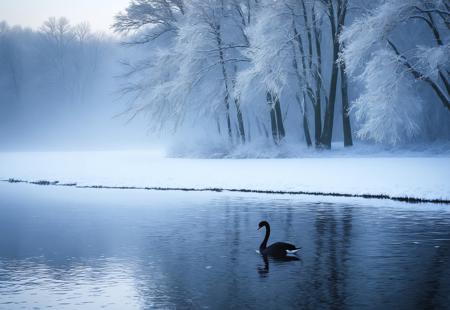 (masterpiece, best quality, ultra-detailed, photorealistic, cinematic lighting, award-winning wildlife photography, serene winter landscape)
A majestic (black swan) gracefully gliding through the waters of a slow-moving (small river), surrounded by a breathtaking (snow-covered landscape). The contrast between the swan’s dark, elegant feathers and the pristine white snow creates a visually striking composition. Gentle ripples form around the swan as it moves, reflecting the soft glow of the winter sky. Frost-covered trees line the riverbanks, their branches bending under the weight of fresh snow. A light mist rises from the water, adding a sense of tranquility and mystery to the scene. Snowflakes gently fall from the sky, completing the magical winter atmosphere. The overall feeling is one of grace, solitude, and quiet beauty, capturing the essence of nature in its purest form.