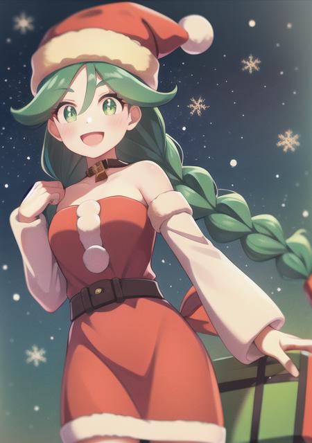 <lora:sabi:0.6>,sabi, 1girl, solo, long hair, smile, open mouth, bangs, long sleeves, hair between eyes, twintails, green eyes, braid, :d, green hair,  twin braids, eyelashes, strapless, red dress, ;d, christmas, strapless dress, red headwear, santa hat, santa costume, fur-trimmed dress, red sleeves, bow-shaped hair, santa dress,