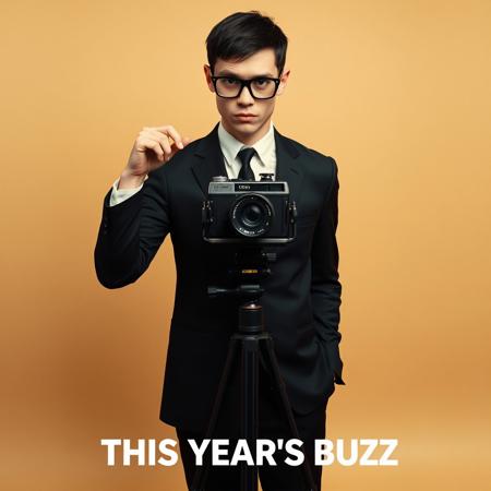 Create a vintage-style album cover inspired by late 1970s punk/new wave aesthetics. The setting is a minimal studio with a tan or beige background. A man stands behind a vintage camera mounted on a tripod, wearing a fitted black suit, skinny tie, and oversized black glasses. His expression is intense and slightly awkward, with one hand adjusting the camera and the other raised mid-gesture. He has a pale complexion, short dark hair, and a lean build. The image should echo the stylized look of iconic album covers from the era—clean, centered composition with a slightly ironic or nerdy vibe.
Text:
	•	Album Title: “THIS YEAR’S BUZZ” (all caps, bold sans-serif or sleek serif font, placed near the bottom).
	•	Artist name: Use placeholder like “THE BUZZ” or your preferred name, subtly placed at the top.
	•	Typography should have a faint blur or glow for a retro 70s feel.