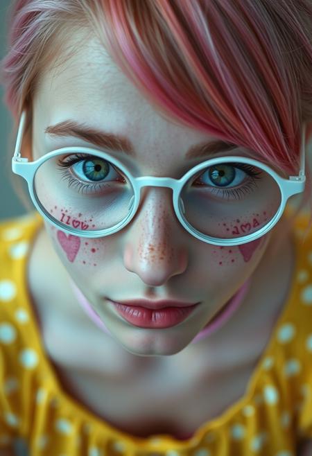 The entire photograph is monochrome, except for the blue eyes. The image is a close-up, high-angle portrait of a young 18 y.o. woman with striking green eyes, in round white glasses, with a pink choker. She is looking directly up at the camera, creating a strong connection with the viewer. Her facial features are soft, and she has a natural, almost ethereal beauty with a face full of freckles that add to her youthful and fresh appearance. There are tattos, pink symbol of heart, on each cheeks. Her pink hair is styled with a side-swept fringe that partially covers her forehead, and the rest of her hair appears to be tied back or away from her face. She is wearing a yellow dress with white dots, which can be seen in the lower part of the image. The focus on her eyes and face gives the image an intimate and engaging quality, with the high resolution capturing every detail of her skin and expression. The background is softly, emphasizing her face as the central point of the image. The overall feel of the image is delicate, natural, and photorealistic, capturing the subject's innocence and charm.