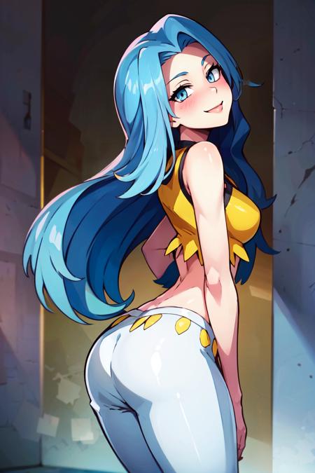 karen (pokemon), blue eyes, blue hair, long hair,  karen (pokemon), blue eyes, blue hair, long hair,  yellow crop top, white pants, high heels, 