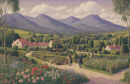 style of Henry Moret, hacienda ,garden ,coppice , Mountain , a painting,scenery,scene painting,