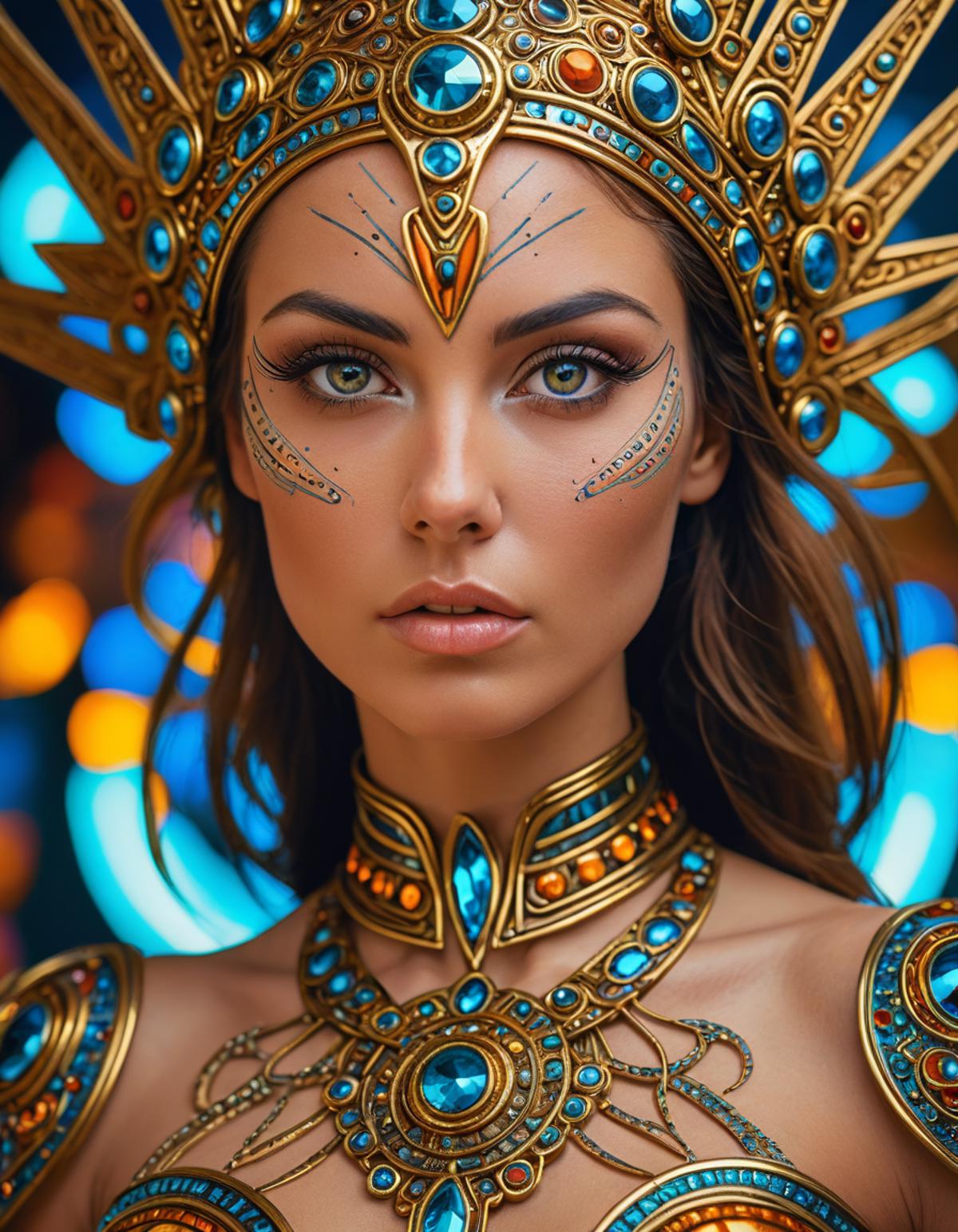 A woman wearing Egyptian makeup and a blue and gold headpiece, with blue eyeshadow and a gold necklace.