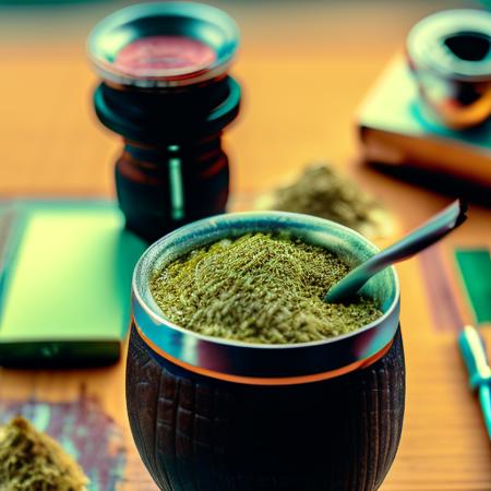 <lora:mate10-12:1>, masterpiece, best quality, POV photo of an amazing mate tea on a table,, blurry background, kodak vision 3, green herb,