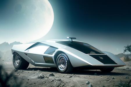 analog gloomy photo of a silver Lancia Stratos Zero car, <lora:l4nc145tr4t05z3r0:1>, racing down a race track on the moon, futuristic, ((cyberpunk)), High Detail, Sharp focus, ((photorealism)), realistic, best quality, 8k, award winning, dramatic lighting, epic, cinematic, masterpiece, outer space lighting, earth is visible from the lunar surface, wide field of view, depth of field, rooster tailing, space station,