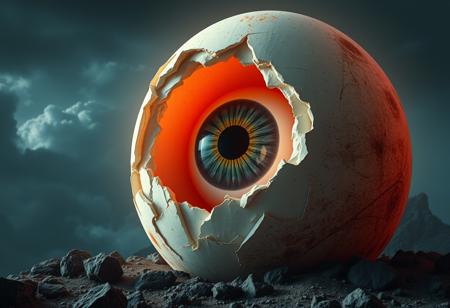 cinematic, 32k, hyper detailed, a giant eyeball hatching out of a giant egg