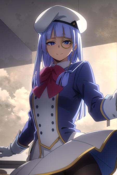 saikointelli, <lora:saiko intelli s3-lora-nochekaiser:1>,
saiko intelli, long hair, bangs, blunt bangs, blue eyes, blue hair, smile,
BREAK gloves, long sleeves, hat, bow, pantyhose, boots, white gloves, bowtie, red bow, beret, white headwear, knee boots, monocle,
BREAK indoors, classroom,
BREAK looking at viewer,
BREAK <lyco:GoodHands-beta2:1>, (masterpiece:1.2), best quality, high resolution, unity 8k wallpaper, (illustration:0.8), (beautiful detailed eyes:1.6), extremely detailed face, perfect lighting, extremely detailed CG, (perfect hands, perfect anatomy),