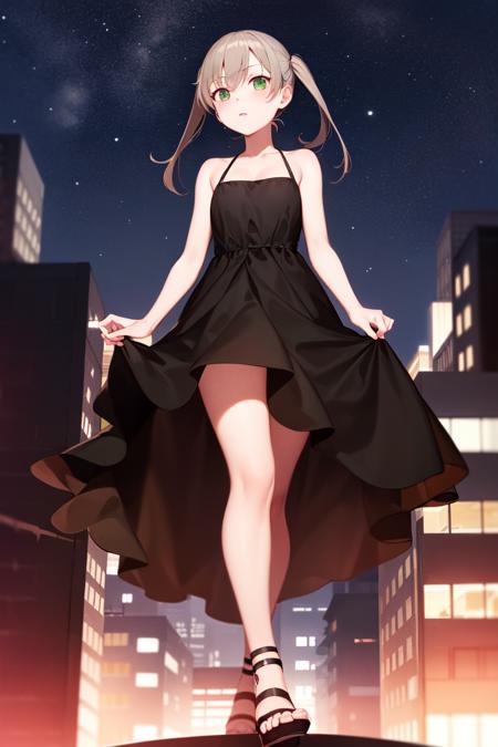 masterpiece, best_quality, 1girl, solo, maka albarn, soul eater, twintails, black dress, city, night, dark, green eyes,