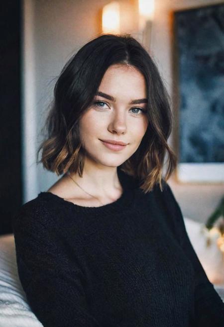 instagram photo, portrait photo of 23 y.o Chloe in black sweater, (cleavage:1.2), pale skin, (smile:0.4), cozy, natural skin, soft lighting, (cinematic, film grain:1.1)