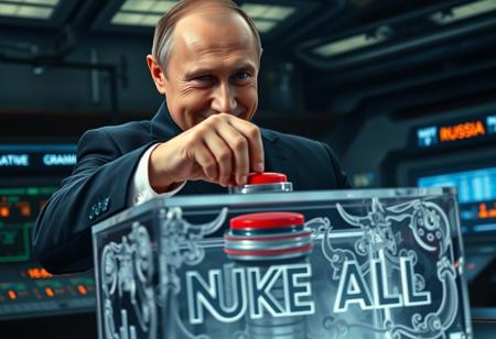 “A dramatic scene featuring Vladimir Putin, dressed in a dark tailored suit, smirking confidently as he presses a large red button on top of a transparent crystal box. The box has intricate carvings, including the bold phrase ‘NUKE ALL’ engraved in sharp, menacing letters. The environment is a dimly lit, high-tech command center with glowing control panels and a sense of urgency. Putin’s expression is a mix of calculated determination and sinister amusement, with shadows adding depth to his features. The setting conveys tension and a looming sense of global consequence.”