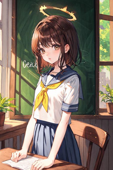 solo, 1girl, abstract, long hair, looking at viewer, black hair, upper body, halo, bangs ,solo, school uniform, indoors, skirt, chalkboard, classroom, chair, serafuku, desk, window, kneehighs, school desk, scenery, sunlight, brown hair, socks, looking at viewer, standing, neckerchief, pleated skirt, blue skirt, brown eyes, black socks, short hair, plant, black hair, school, white shirt, own hands together, shirt, v arms, short sleeves, overgrown, school chair, artist name, tree, light rays, bangs, sailor collar 
<lora:Lack-000215:1>, <lora:ç»ä¸½çåå½±:0.2>,<lora:add_detail:0.35>, <lora:adaptedmodel:0.35>