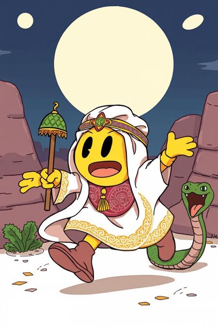 illustration of pacman dressed as a Moroccan snake charmer running away from an angry snake, cartoon, detailed,