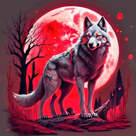 a wolf with a red moon in mouse , fantasy animal <lora:last:1>