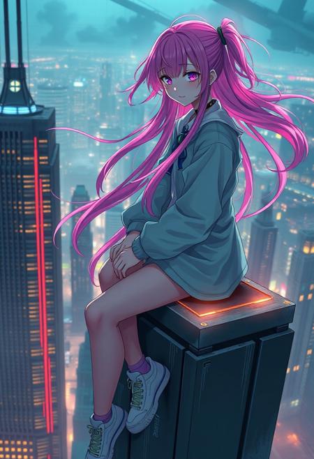 High quality, 8k, masterpiece, best quality, very aesthetic, absurdres, 1girl, sitting on a skyscraper,  long pink hair, wind, cyberpunk, neon light, clear face, city scene