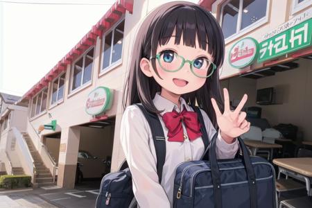 best quality, ultra-detailed, illustration,
1girl, glasses, black hair, long hair, school uniform, school bag, smile, laughing, solo focus,
saizeriya, storefront, scenery, outdoors, sign, building, window
 <lora:saizeriya_ex_SD15_V1:1>