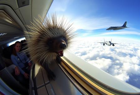 “An androgynous porcupine jogging on the wing of an Airbus, its quills swaying in the wind as it moves, looking directly at the viewer through the window of the plane. The scene is captured with a cheap GoPro camera using a hyper fisheye lens, creating a distorted, wide-angle view. The plane is cruising high above the clouds, sunlight reflecting off its metallic surface. Inside the cabin, passengers are visible through the window, clearly startled by the sight. The porcupine has an unsettling, creepy smile, adding an eerie, surreal vibe to the scene. In the background, an F-35 fighter jet floats among the clouds, further intensifying the bizarre, dreamlike quality of the moment.”