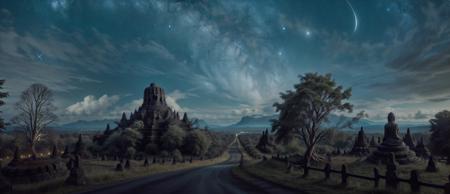 (a close up photo of lonely scary tree), edge of a cliff, panorama photo of a night, (elvish countryside), far metropolitan cities, lonely home, graveyard, wind,  <lora:Thai_temple:0.2> (borobudur temple, heavenly aura, road), <lora:XSArchi_127:0.4> scenery, no human,  <lora:TempestMagic:0.5> tempestmagic, water,  <lora:PAseerStarSkyV1:0.3> stars,  constellation, moon, ground level, forest, <lora:to8contrast-1-5:0.8> dark shot, photography, to8contrast