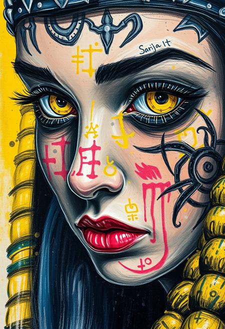 Impressionist crayon painting by Russ Mills, a close up portrait of woman's face, tattooed face, occult signs, yellow lively eyes, egyptcore, splash art, energetic brush strokes, gloomycore, extremely best quality, awarded masterpiece, octane render, Highest-Quality, 8 k, intricate details, visually stunning, Masterpiece