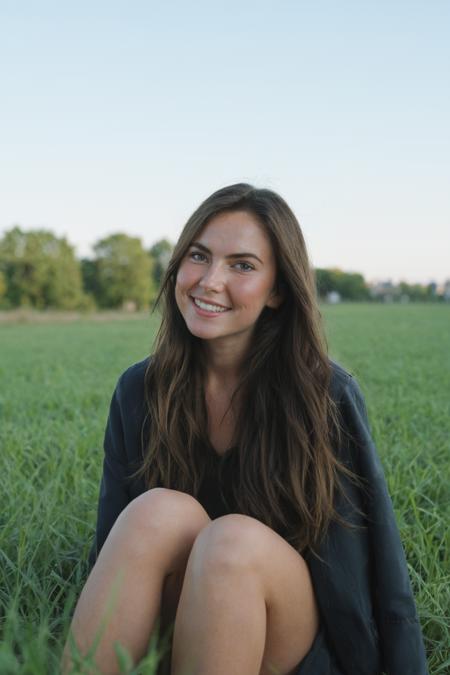 ohwx woman sitting in a field, sitting in a field, smiling, adorable, in the grass, next to a plant, dslr photo. 4k, 8k, high detail, sharp, professional photograph