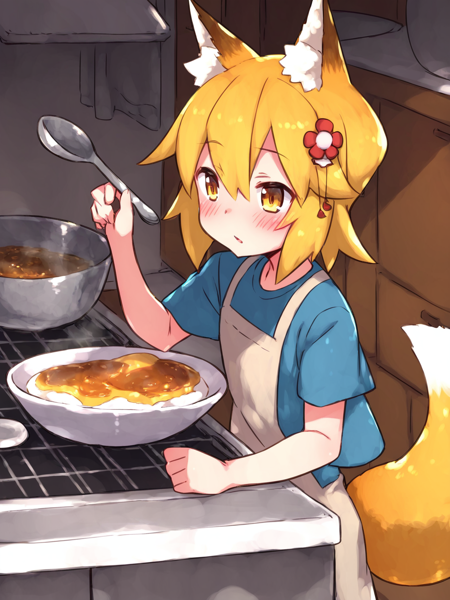 score_8_up, score_7_up, score_6_up, best quality, masterpiece, source_anime, indoors, kitchen, cooking, by aaaa \(quad-a\)
BREAK
sen, blonde hair, animal ears, fox ears, blush, animal ear fluff, hair ornament, fox girl, hair flower, hair between eyes, short hair, fox tail, tail, flat chest, yellow eyes, young girl
<lora:senko_ponyxl_v1:1>