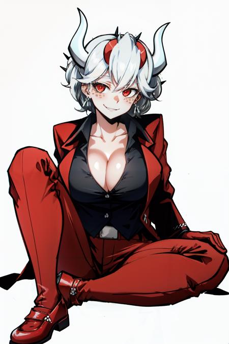 <lora:beelzebub:1>beelzebub(helltaker), freckles, white background, collarbone, 1girl, pants, large breasts, red eyes, looking at viewer, demon horns, white hair, vest, shirt, waistcoat, blush, smile, red footwear, red pants, short hair, earrings, demon girl, red gloves, cleavage, black shirt, gloves, jewelry, simple background, collared shirt, horns, white horns, solo, sitting