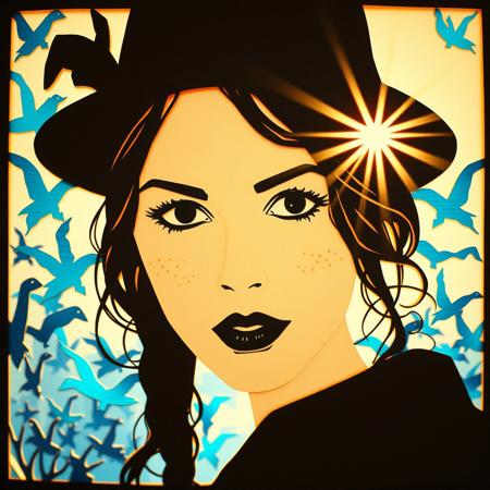 higly detailed woman face made of paper cut art, with blue sirens in background and amazing sunlight, she has a hat and she is looking at viewer, paper-cut art, extremely detailed