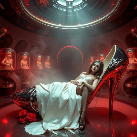 tall slender elegant slavic  bride lays in giant high heel shoe foil bed,  under dimension portal to another galaxy , slave  collar, dressed in sexyglossy satin side slit nightgown , long veil, pefect legs in lace trim stockings and d'orsay high heels, small feets, surrounded by beauty models encased in  hi-tech stasis tubes at background, fishnet curtains, fog, mirrors, hi-tech, sci-fi, scifi, mind control, steel, foil, hypno, romance, poison, lipstick, long hair, heavy makeup, 1950s hairstyle, red nails, long hair, green eyes, sharp cheekbones, ultra thin waist , seductive, feminine, mysterious, alien spaceship, space, radiating, laser, dramatic dark red lighting, darkness, corset, negligee, lace, seduce, alluring, vines, poison red flowers